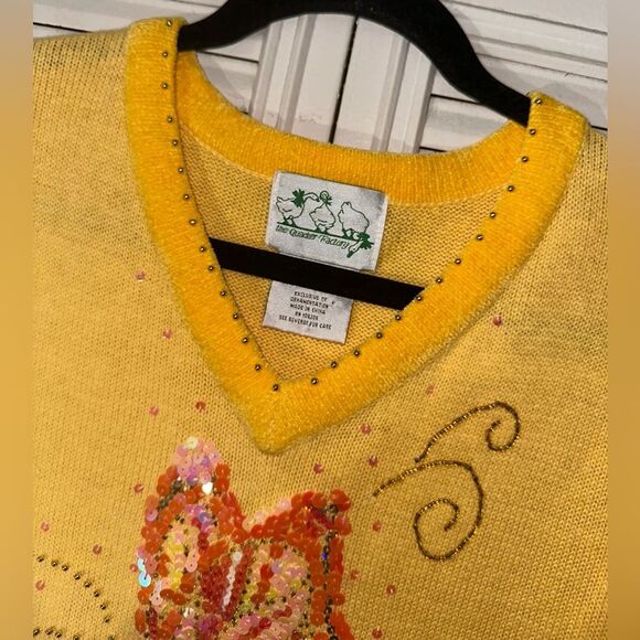The Quacker Factory Sequined Butterfly‎ Beaded Yellow V-Neck Sweater Size XS - Picture 3 of 9